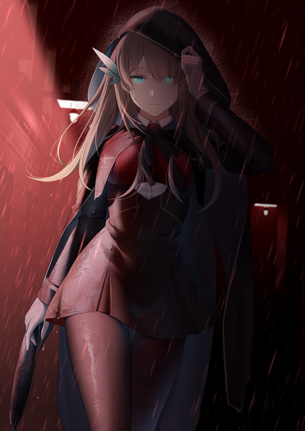1girl, black_legwear, blonde_hair, blue_eyes, breasts, cape, gloves, hair_between_eyes