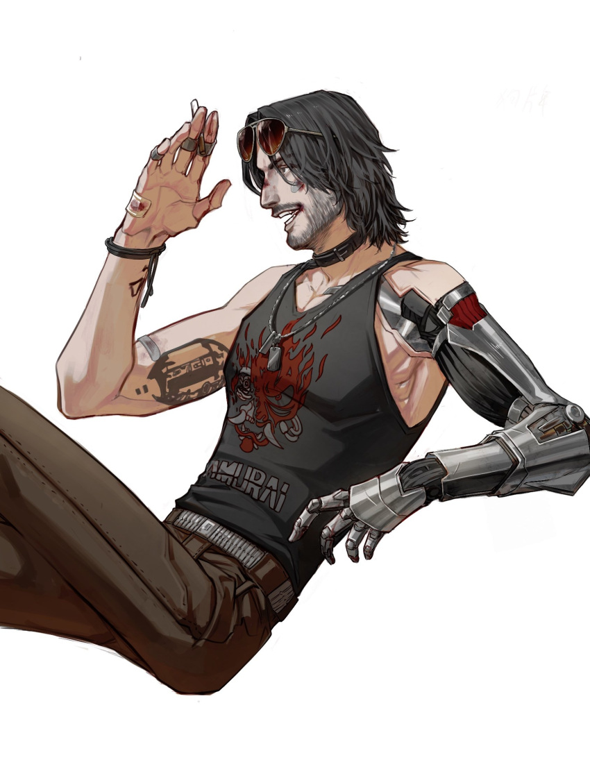 beard, belt, black_hair, black_tank_top, bracelet, choker, cyberpunk, cyberpunk_2077