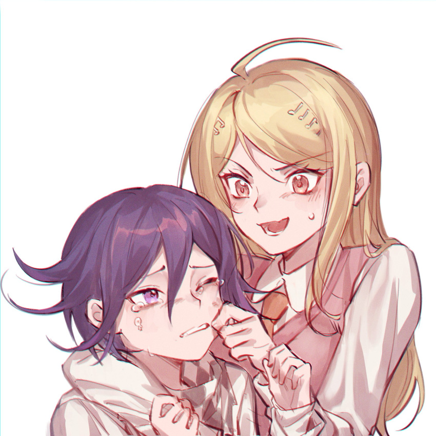 1boy, 1girl, :d, ahoge, akamatsu_kaede, arm_around_shoulder, bangs, blonde_hair