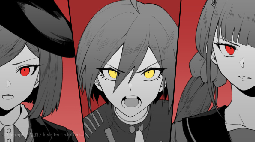 1boy, 2girls, ahoge, bangs, collaboration, commentary_request, dangan_ronpa_(series), dangan_ronpa_v3:_killing_harmony