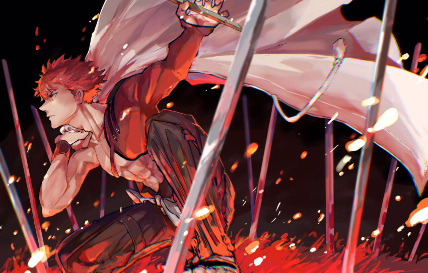 1boy, abs, blurry, depth_of_field, embers, emiya_shirou, fate/grand_order, fate_(series)