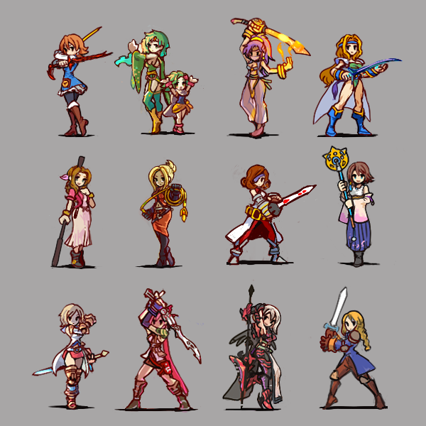 aerith_gainsborough, agrias_oaks, arm_cuffs, arm_up, arms_up, ashelia_b'nargin_dalmasca, bangs, bare_shoulders
