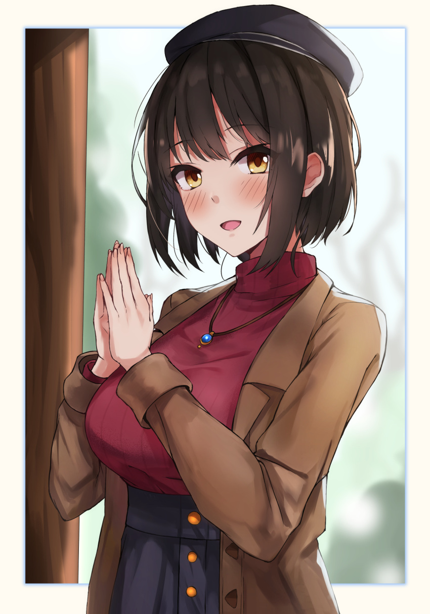 1girl, beret, black_hair, black_headwear, blue_skirt, blurry, blurry_background, border