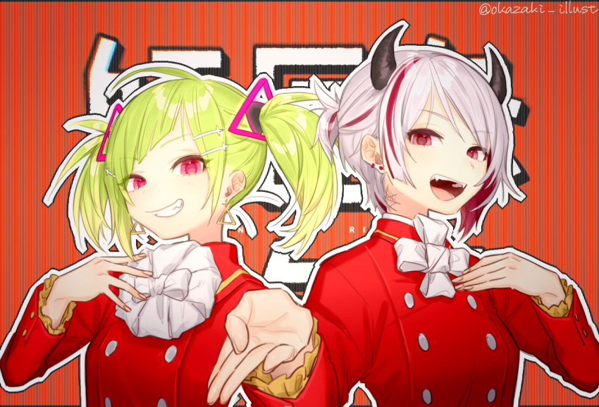 2girls, character_request, delutaya, earrings, fangs, green_hair, hair_behind_ear, hand_on_own_chest