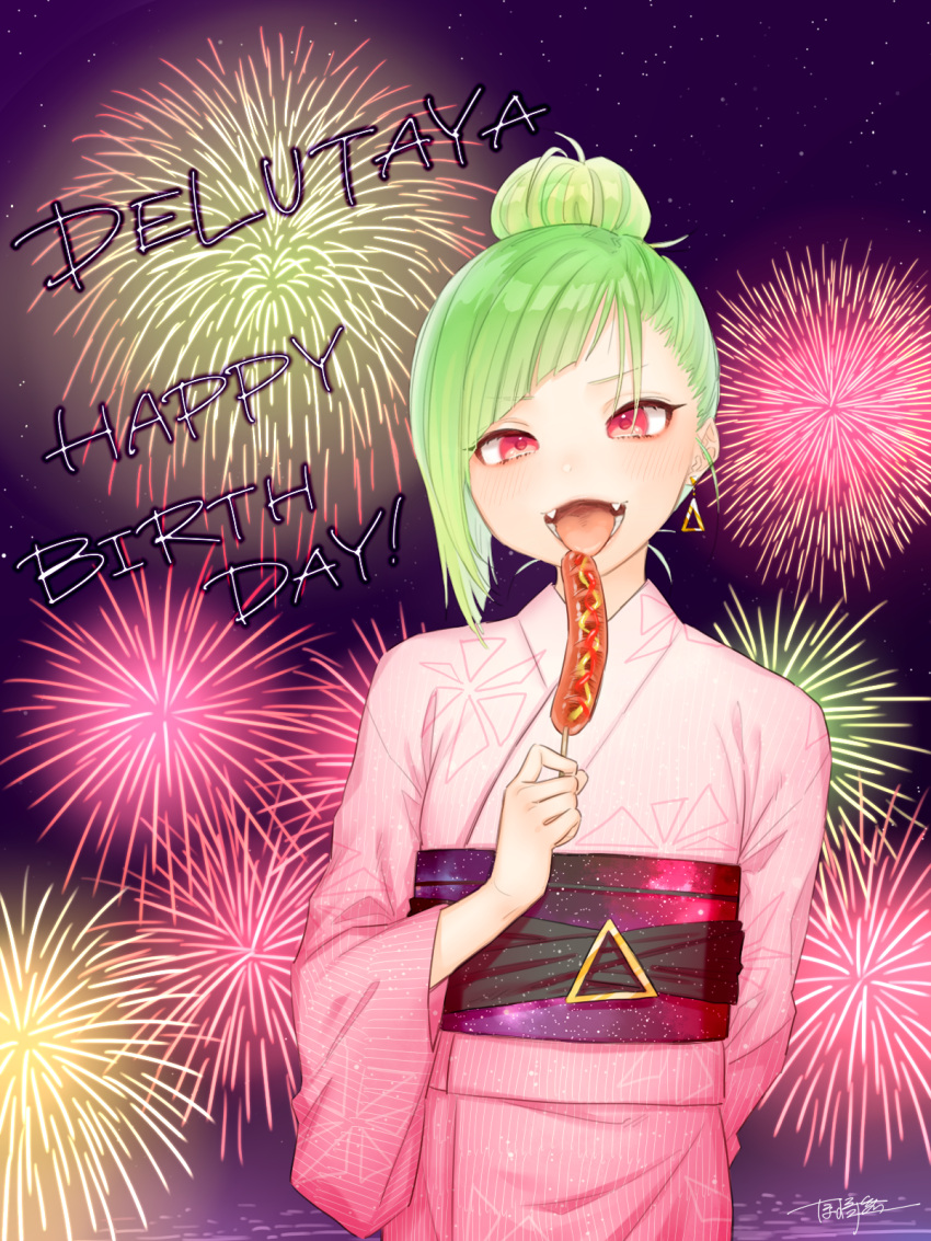 1girl, alternate_costume, alternate_hairstyle, corn_dog, delutaya, earrings, eyebrows_visible_through_hair, fangs