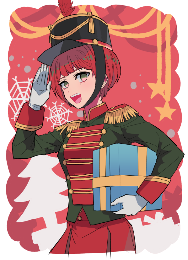 1girl, :d, alternate_costume, bangs, blunt_bangs, bob_cut, box, commentary_request