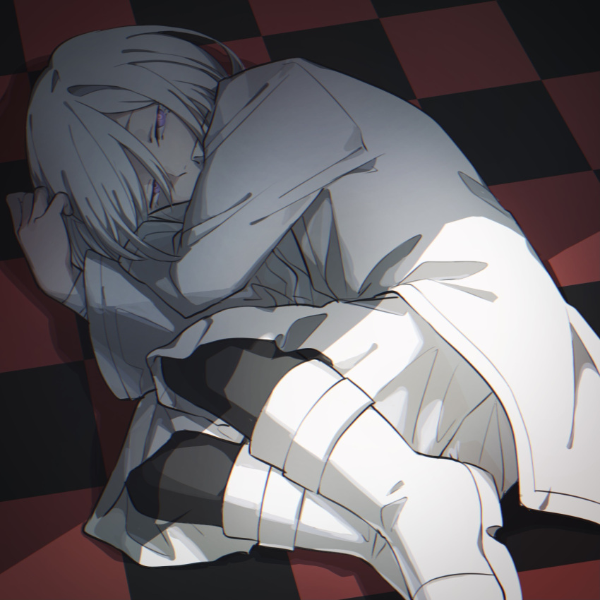 1boy, akahito_(akaironotanin), akudama_drive, bangs, black_legwear, boots, checkered, checkered_floor