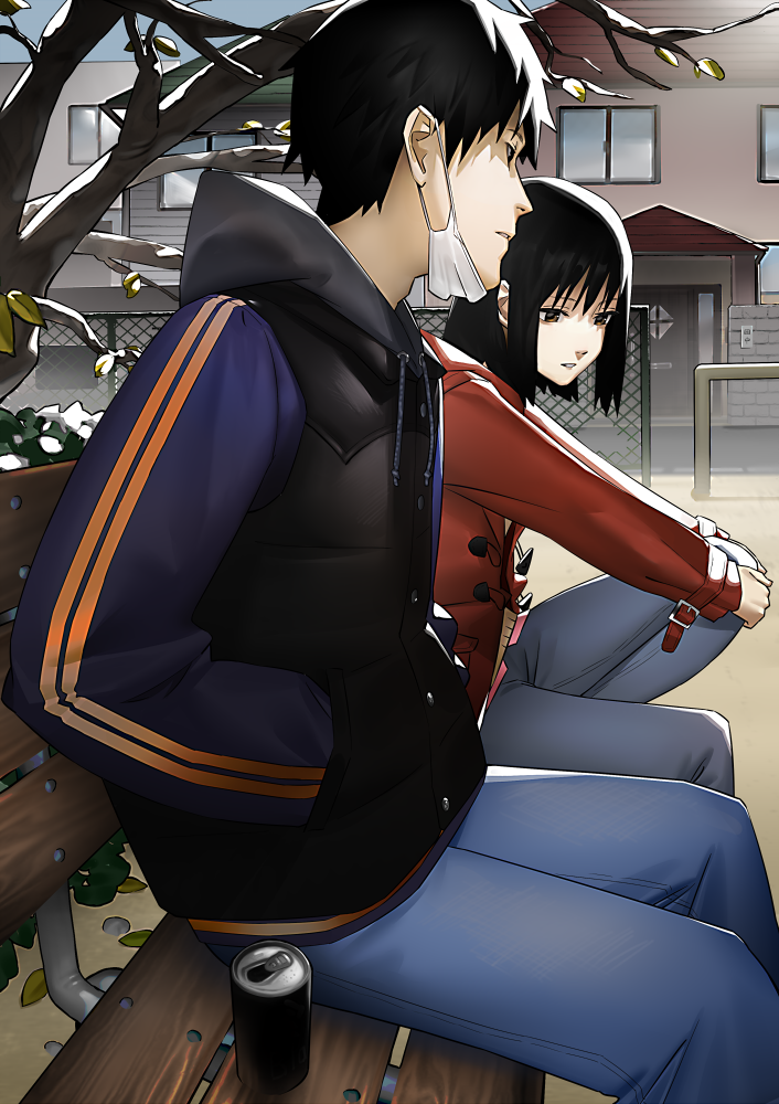 1boy, 1girl, bench, black_hair, buckle, can, denim, hand_in_pocket