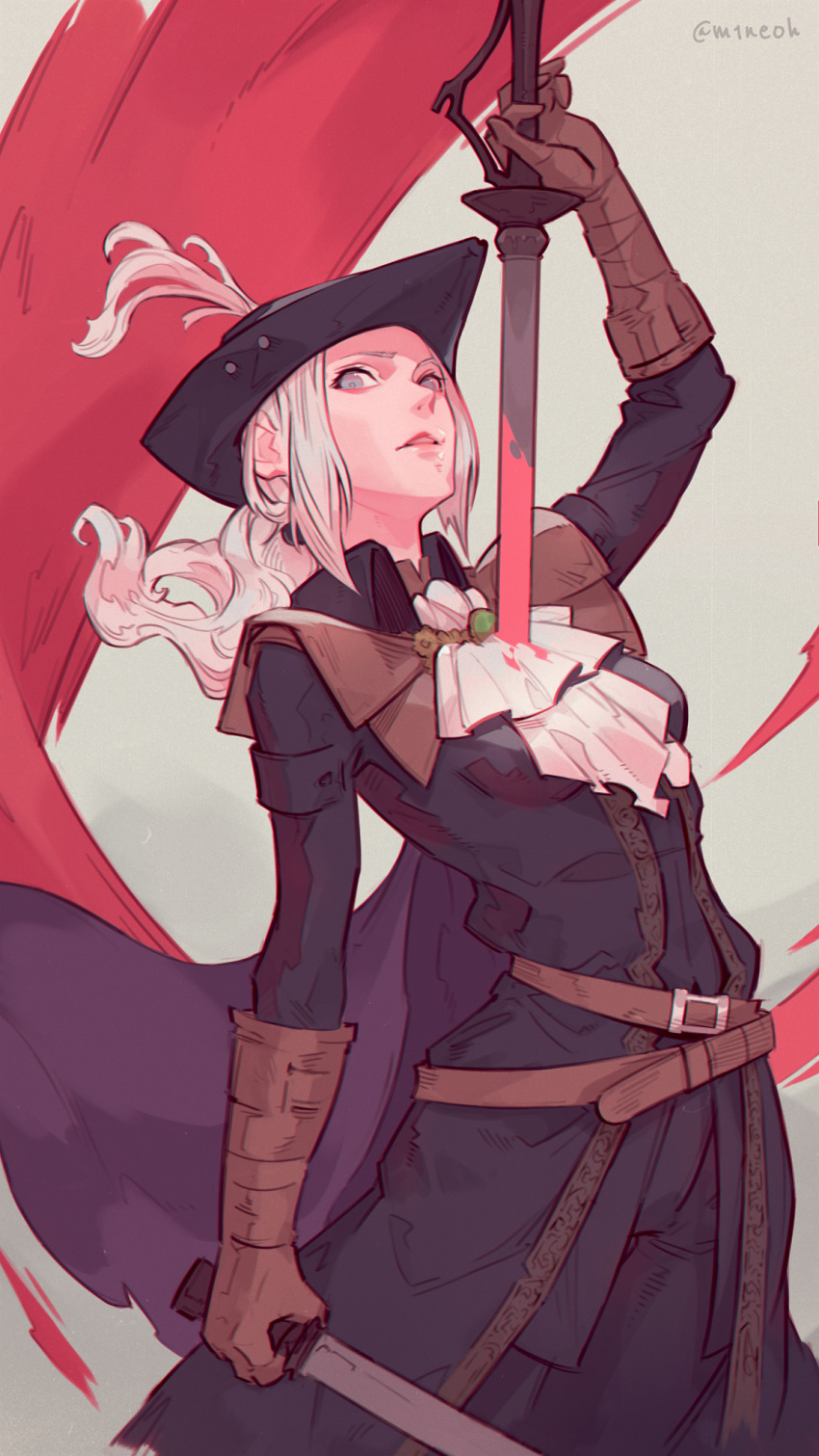1girl, ascot, belt, blood, blood_stain, bloodborne, brown_belt, brown_gloves, cape, cravat, double-blade, dual_wielding, gloves, grey_eyes, hat, hat_feather, highres, holding, holding_sword, holding_weapon, jiro_(ninetysix), lady_maria_of_the_astral_clocktower, parted_lips, ponytail, rakuyo_(bloodborne), sidelocks, silver_hair, stab, sword, the_old_hunters, tricorne, weapon