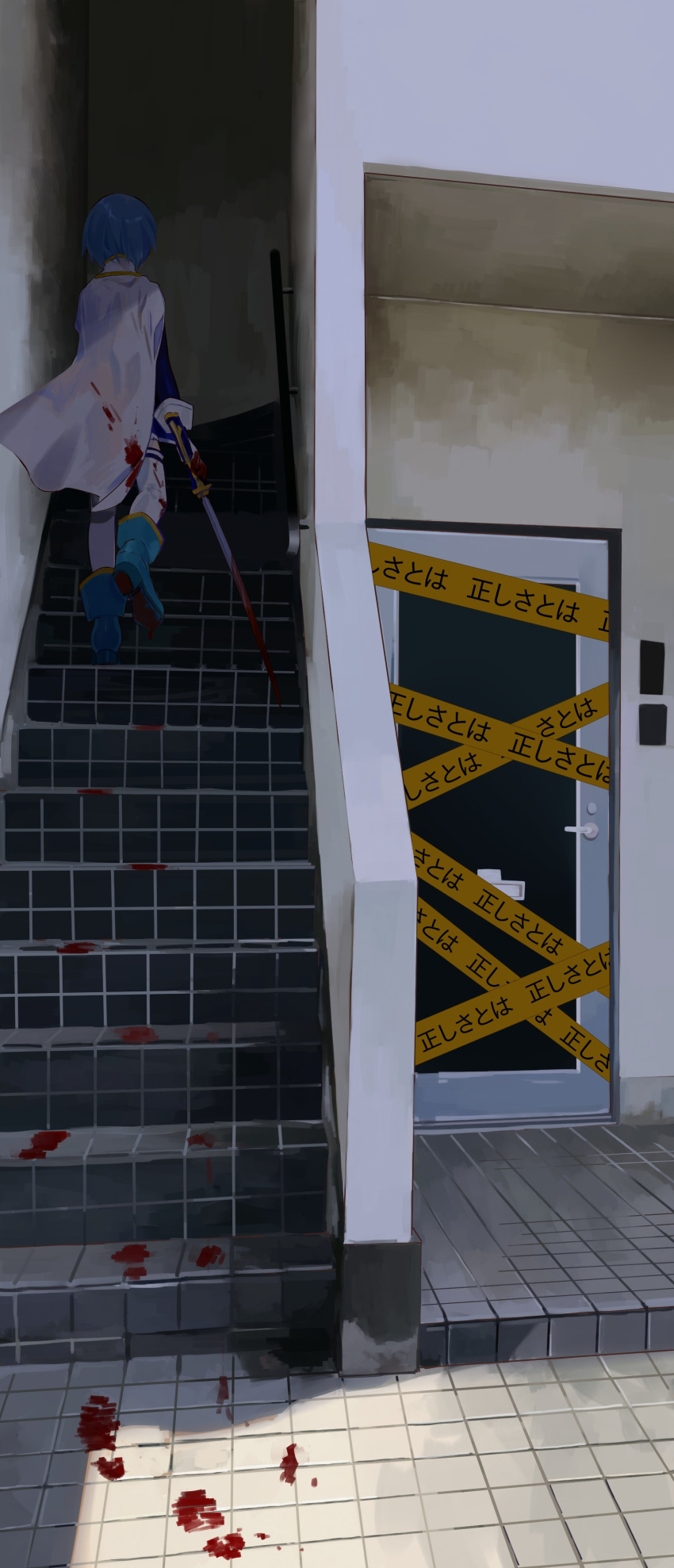 1girl, absurdres, ankle_boots, backlighting, blood, blood_stain, bloody_clothes, bloody_weapon