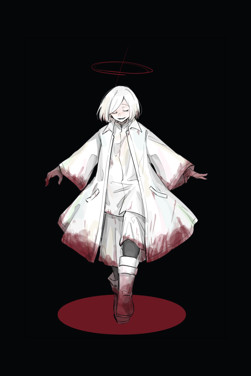 1boy, akahito_(akaironotanin), akudama_drive, bangs, black_background, black_legwear, blood, blood_on_feet