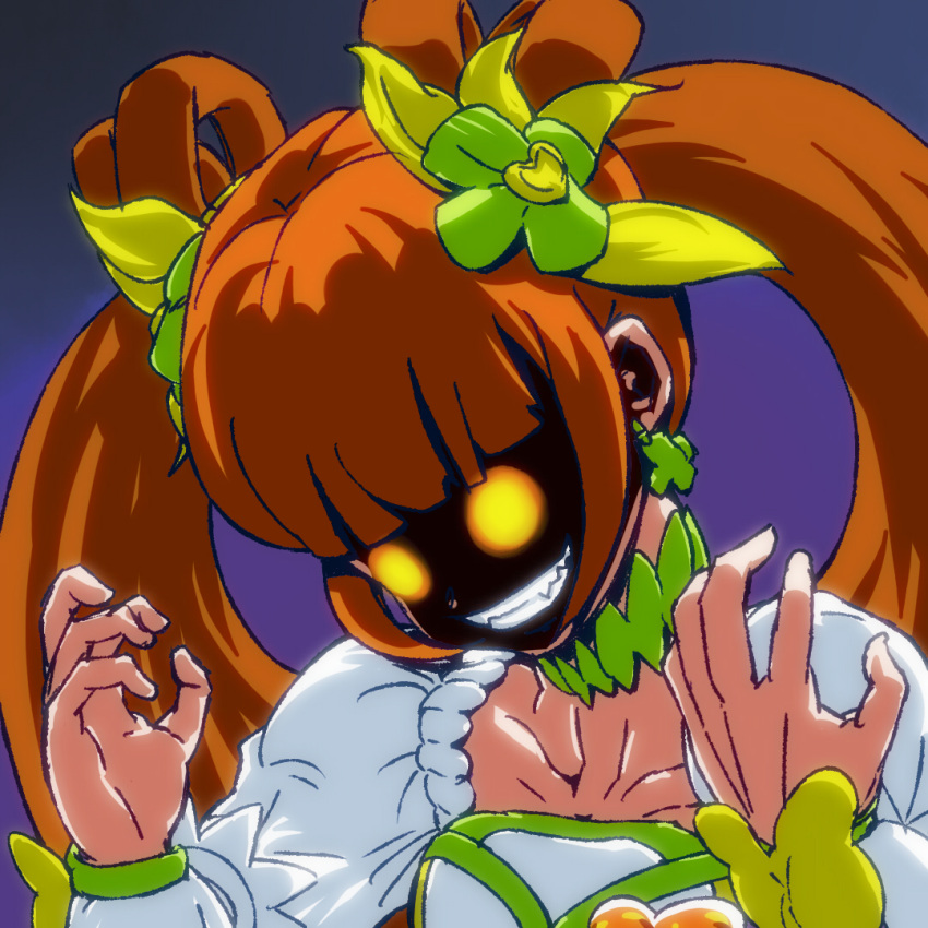 1girl, bangs, berserker_rage, blunt_bangs, choker, claw_pose, clenched_teeth, clover_hair_ornament