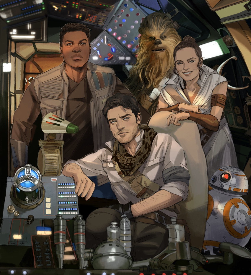 1girl, 3boys, alien, arm_hair, armband, bb-8, belt, black_hair