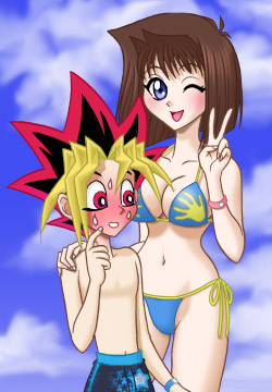bikini, blush, mazaki_anzu, mutou_yugi, side-tie_bikini, swimsuit, yu-gi-oh!
