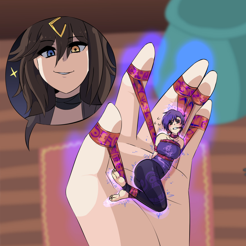 2girls, absurdres, aura, barefoot, bdsm, black_choker, blue_eyes, blush