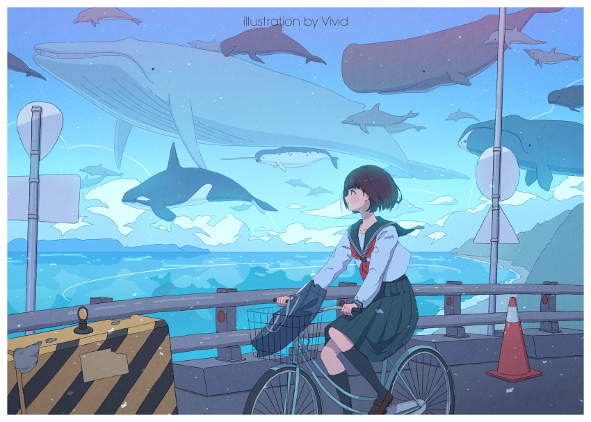1girl, artist_name, bag, bibido, bicycle, black_hair, blue_skirt, blue_whale