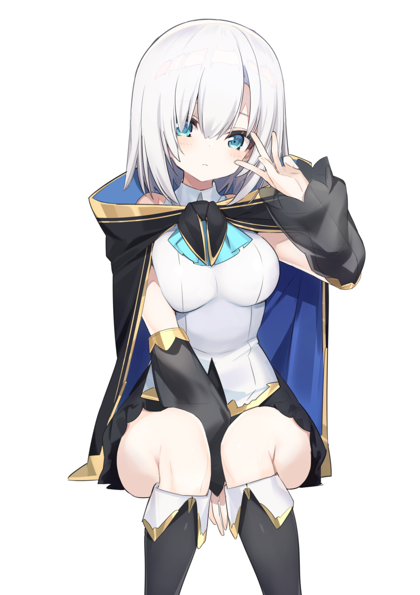 1girl, absurdres, arm_between_legs, ars_almal, blue_eyes, boots, breasts, cape, cravat, detached_sleeves, fuubuu, highres, knee_boots, looking_at_viewer, medium_breasts, nijisanji, see-through_sleeves, short_hair, simple_background, sitting, solo, two-tone_cape, virtual_youtuber, white_background, white_hair