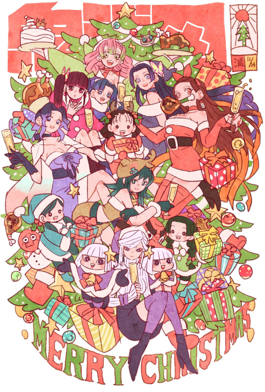 6+girls, animal_costume, antlers, aqua_headwear, aqua_santa_costume, arms_up, background_text, bangs