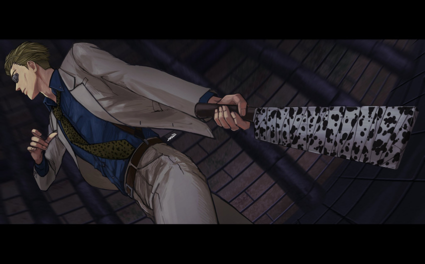 1000_(user_1527793), 1boy, belt, black_border, blonde_hair, blue_shirt, border, brown_belt