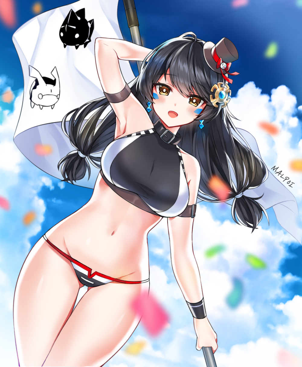 1girl, :d, alternate_hair_color, arm_up, armband, armpits, ass_visible_through_thighs, bare_shoulders