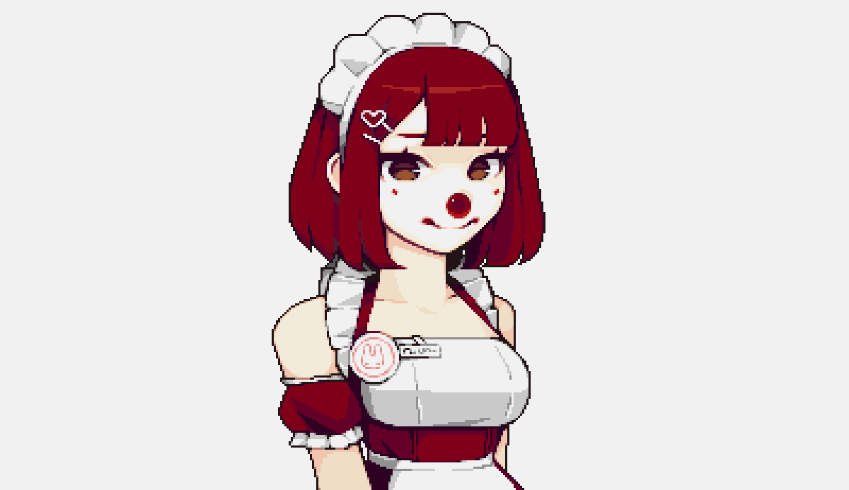 1girl, 98fumi, arm_strap, bangs, blunt_bangs, breasts, brown_eyes, clown