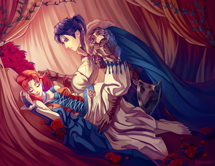 1boy, 1girl, absurdres, annette_fantine_dominic, ayuuniiart, barefoot, blue_hair, breasts