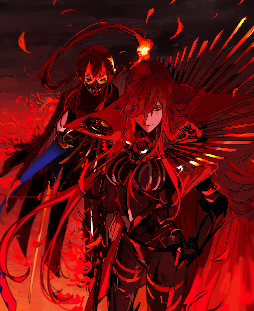 1boy, 1girl, bangs, black_bodysuit, black_cape, bodysuit, brother_and_sister, cape, enilefilnoztlaw, fate/grand_order, fate_(series), fire, hair_between_eyes, hair_over_one_eye, highres, long_hair, mask, monochrome, oda_nobukatsu_(fate/grand_order), oda_nobunaga_(fate)_(all), oda_nobunaga_(maou_avenger)_(fate), red_cape, red_theme, redhead, siblings, very_long_hair