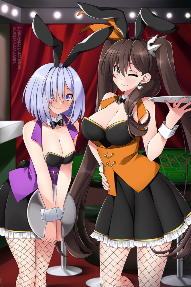 2girls, animal_ears, bangs, black_legwear, blue_eyes, bow, bowtie, breasts