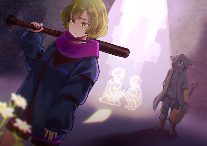 baseball_bat, black_pants, blue_jacket, blurry_foreground, boots, brown_eyes, brown_footwear, flower, ghost, gray-kun_(zutomayo), highres, hood, jacket, light_brown_hair, nira-chan_(zutomayo), outdoors, pants, purple_nails, shadow, short_hair, short_shorts, shorts, shovel, standing, yaeichi_illust, zutto_mayonaka_de_ii_no_ni