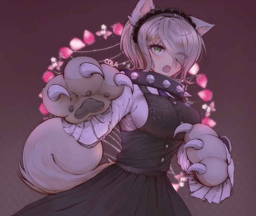 1girl, :o, animal_ears, artist_name, bangs, black_collar, black_dress, blush, breasts, c01a_(cola), claws, collar, commentary, cowboy_shot, dangan_ronpa_(series), dangan_ronpa_v3:_killing_harmony, dress, eyes_visible_through_hair, fang, food_print, gloves, green_eyes, hair_over_one_eye, highres, large_breasts, long_sleeves, looking_at_viewer, one_eye_closed, open_mouth, oversized_object, paws, purple_hair, short_hair, skirt, solo, sparkle, spider_web_print, spiked_collar, spikes, strawberry_print, tail, toujou_kirumi, wolf_ears, wolf_girl, wolf_tail