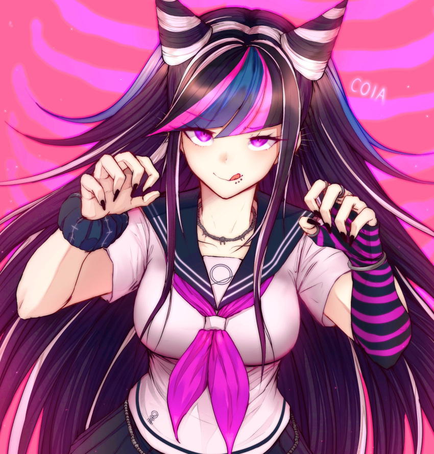 1girl, :q, artist_name, bangs, black_hair, black_nails, black_skirt, blue_hair
