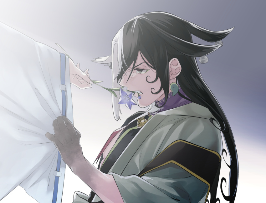 1boy, abe_no_seimei_(fate), ashiya_douman_(fate), asymmetrical_clothes, asymmetrical_hair, bell, black_eyes, black_hair