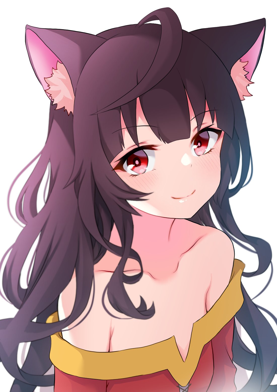 1girl, ahoge, animal_ears, bare_shoulders, blush, brown_hair, cat_ears, closed_mouth