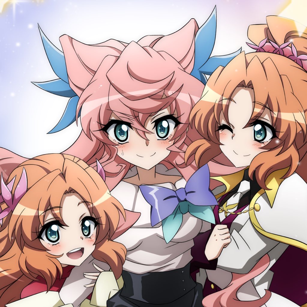 3girls, arm_hug, black_skirt, blush, brown_hair, cape, double_arm_hug, dress