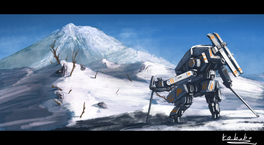 avalanche, bottoms1237, from_behind, highres, looking_ahead, mecha, mountain, no_humans