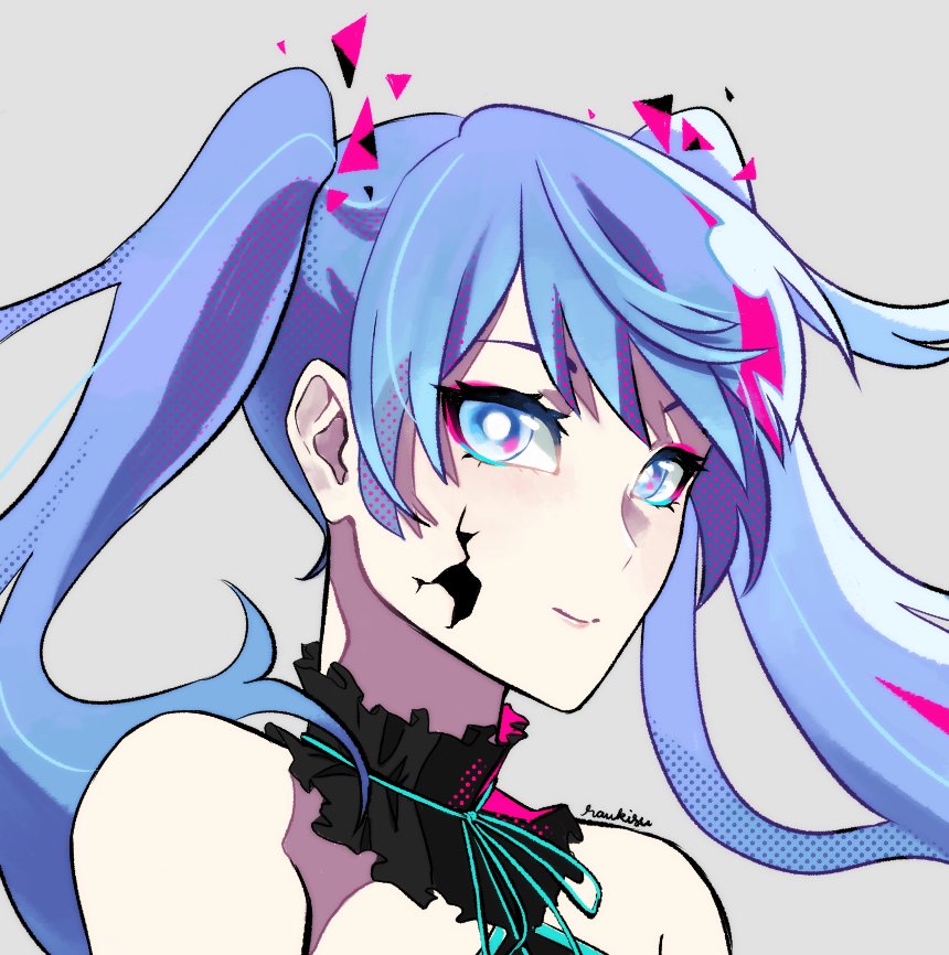 1girl, bangs, bare_shoulders, blue_eyes, blue_hair, bright_pupils, cracked_skin, detached_collar, eyebrows_behind_hair, floating_hair, grey_background, hair_behind_ear, hatsune_miku, looking_at_viewer, raukisu, shoulders, smile, solo, twintails, upper_body, vocaloid, white_pupils