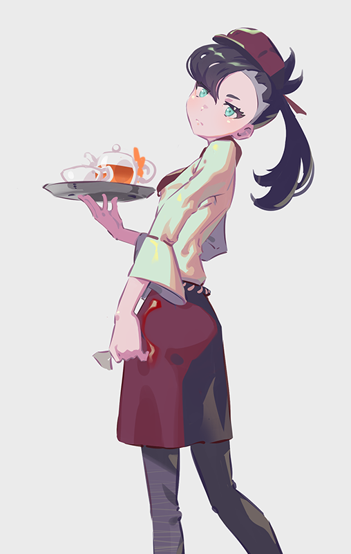 1girl, alternate_costume, apron, asymmetrical_hair, bangs, black_hair, black_pants, blue_eyes
