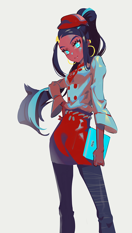 1girl, alternate_costume, apron, blue_eyes, blue_hair, blue_pants, book, breasts