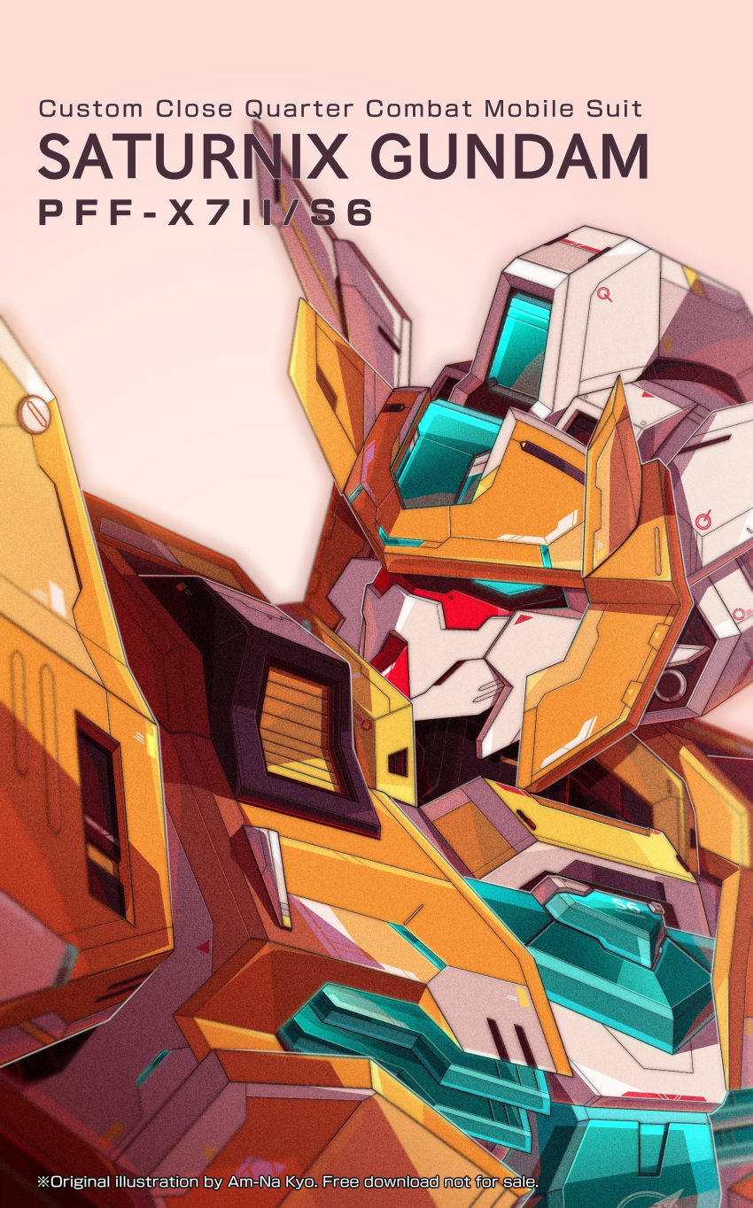 absurdres, aqua_eyes, artist_name, azzalea, beige_background, character_name, gundam, gundam_build_divers, gundam_build_divers_re:rise, highres, horns, looking_to_the_side, looking_up, mecha, no_humans, saturnix_gundam, science_fiction, solo, v-fin
