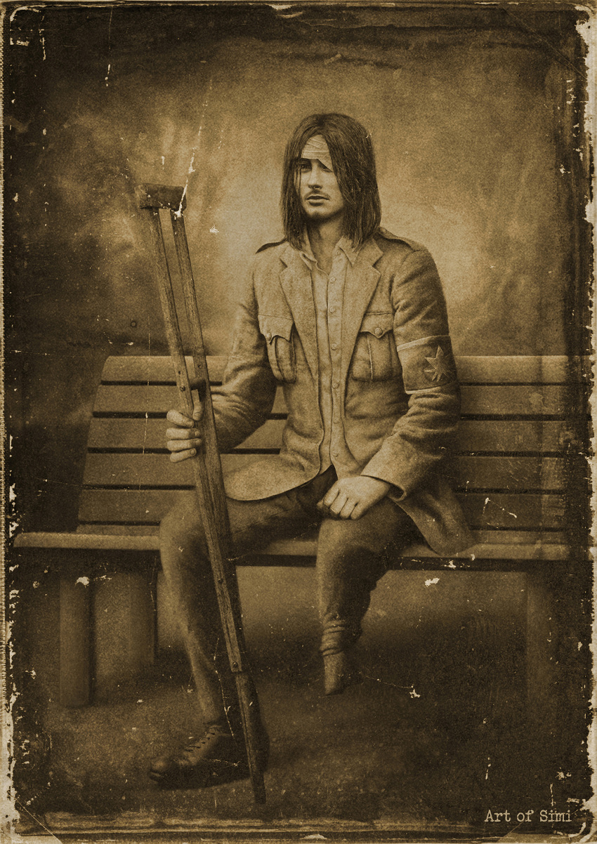 amputee, bandage_over_one_eye, bandages, beard, bench, crutch, emblem, eren_yeager, facial_hair, full_body, highres, long_hair, marley_military_uniform, military, military_uniform, pants, photorealistic, portrait, realistic, sepia, shingeki_no_kyojin, shirt, shoes, simi_braun, sitting, uniform, white_shirt