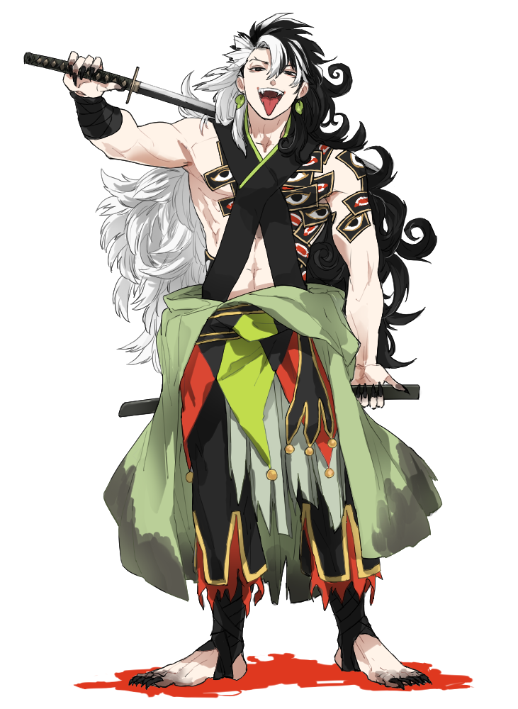 1boy, alternate_hairstyle, ashiya_douman_(fate), asymmetrical_hair, black_eyes, black_hair, black_nails, curly_hair