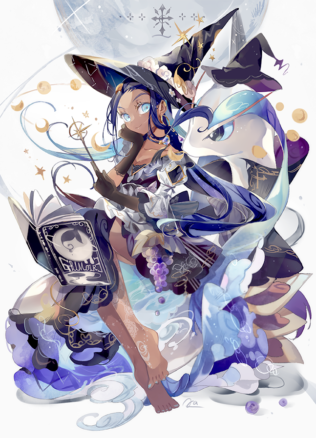 1girl, barefoot, black_headwear, blue_eyes, blue_hair, book, closed_mouth, coco7, collarbone, commentary, dark_skin, dark-skinned_female, earrings, eyelashes, floating_hair, gen_3_pokemon, gloves, hat, head_tilt, holding, holding_wand, hoop_earrings, jewelry, legs_together, long_hair, looking_at_viewer, milotic, nail_polish, nessa_(pokemon), open_book, pokemon, pokemon_(creature), pokemon_(game), pokemon_swsh, smile, toes, wand, witch_hat