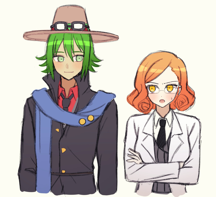 1boy, 1girl, alternate_costume, alternate_hair_length, alternate_hairstyle, bangs, black_coat, black_neckwear