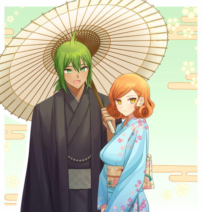 1boy, 1girl, :d, ahoge, alternate_costume, bangs, black_kimono, blue_kimono