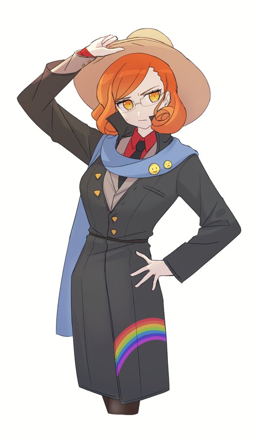 1girl, arm_up, bangs, black_coat, black_legwear, black_neckwear, breasts, coat, cosplay, cowboy_shot, cropped_legs, dangan_ronpa_another, emoji, frown, glasses, hand_on_hip, hat, jacket, long_sleeves, looking_at_viewer, mekaru_rei, necktie, open_mouth, orange_eyes, orange_hair, otori_teruya, otori_teruya_(cosplay), ppakunak, rainbow_print, red_shirt, shirt, short_hair, simple_background, skirt, solo, sweatdrop, white_background, yellow_eyes