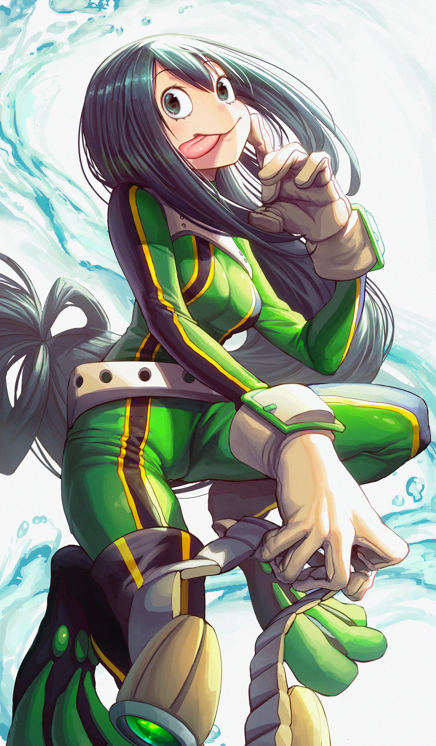 1girl, :p, absurdres, asui_tsuyu, black_hair, bodysuit, boku_no_hero_academia, breasts, brown_gloves, commentary_request, eyebrows_visible_through_hair, gibagiba, gloves, green_bodysuit, green_eyes, helmet, highres, holding, holding_helmet, huge_filesize, long_hair, long_tongue, looking_at_viewer, medium_breasts, solo, tongue, tongue_out, very_long_hair