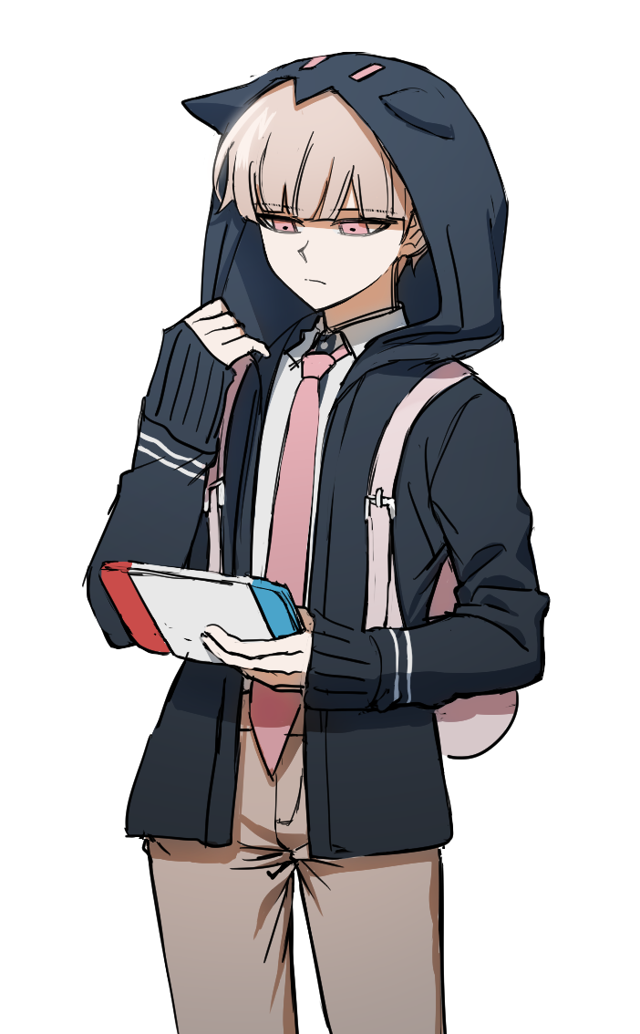 1boy, backpack, bag, bangs, black_jacket, blunt_bangs, brown_pants, closed_mouth
