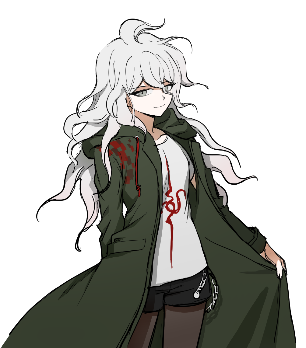 1girl, bangs, black_legwear, black_shorts, chain, closed_mouth, coat, collarbone