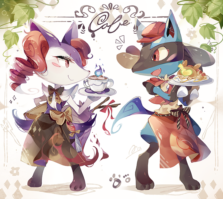 apron, blush_stickers, braixen, closed_mouth, coco7, commentary, cup, fire
