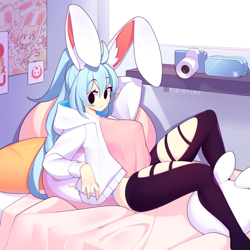 1girl, absurdres, animal_ears, artist_name, black_eyes, black_pants, blue_hair, blush
